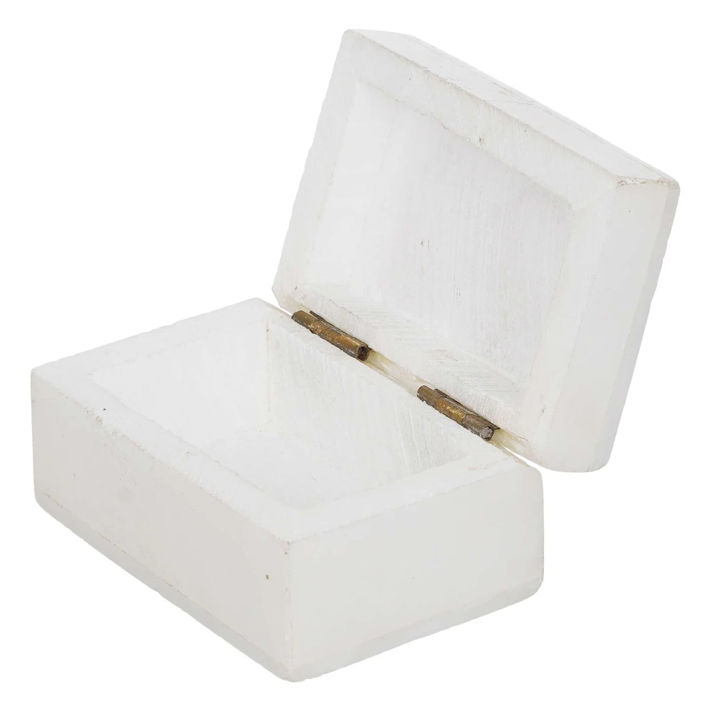 Handcrafted white marble inlay box with floral design held by a woman