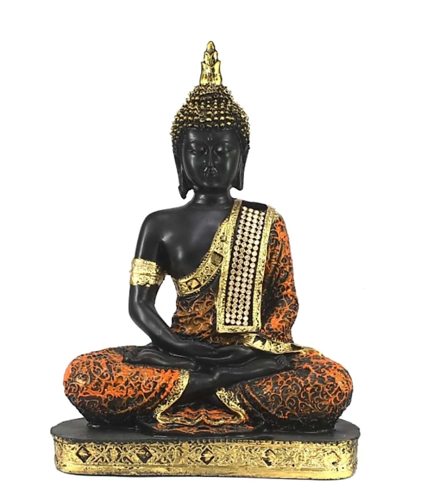 Resin Buddha statue in meditation posture with golden-orange robe and detailed base