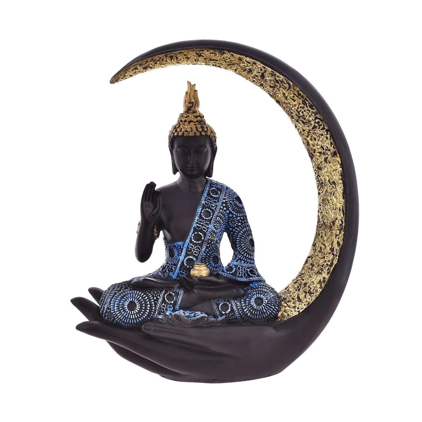 Decorative resin Buddha idol seated in a hand with a crescent moon backdrop