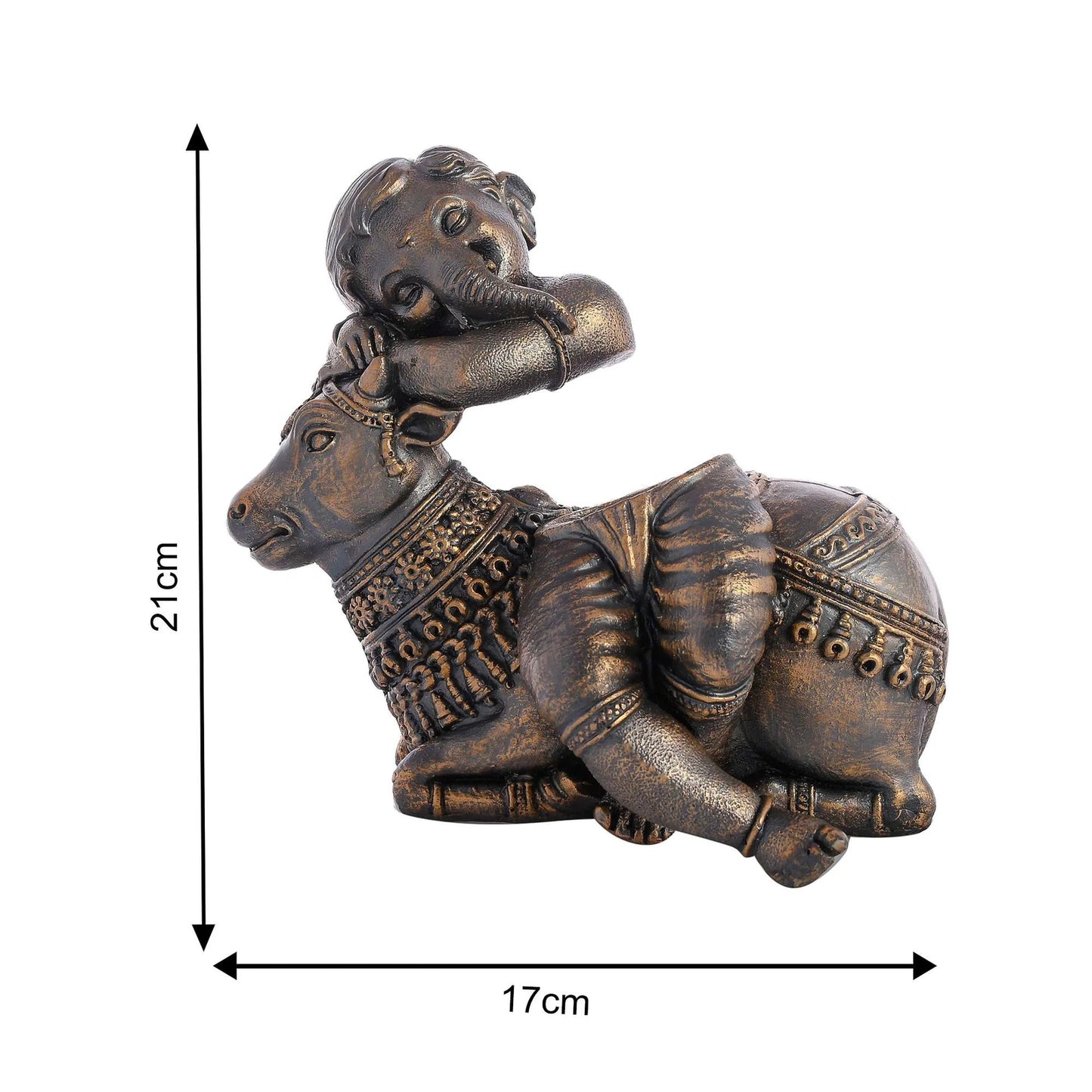 Antique-finish statue of Bal Ganesha resting on a decorated cow, ideal for home décor and gifting