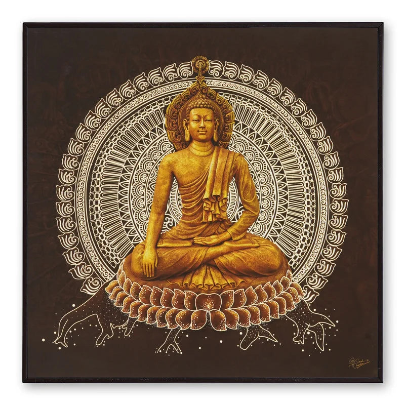 Golden Buddha sitting in meditation on lotus with intricate mandala design background on dark brown canvas