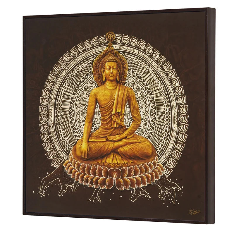 Golden Buddha sitting in meditation on lotus with intricate mandala design background on dark brown canvas