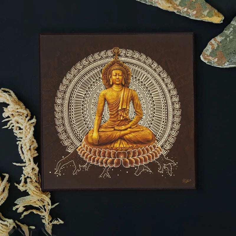 Golden Buddha sitting in meditation on lotus with intricate mandala design background on dark brown canvas