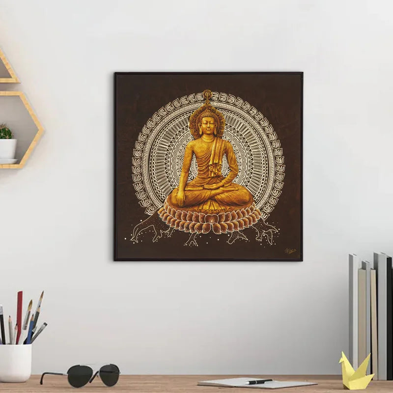 Golden Buddha sitting in meditation on lotus with intricate mandala design background on dark brown canvas