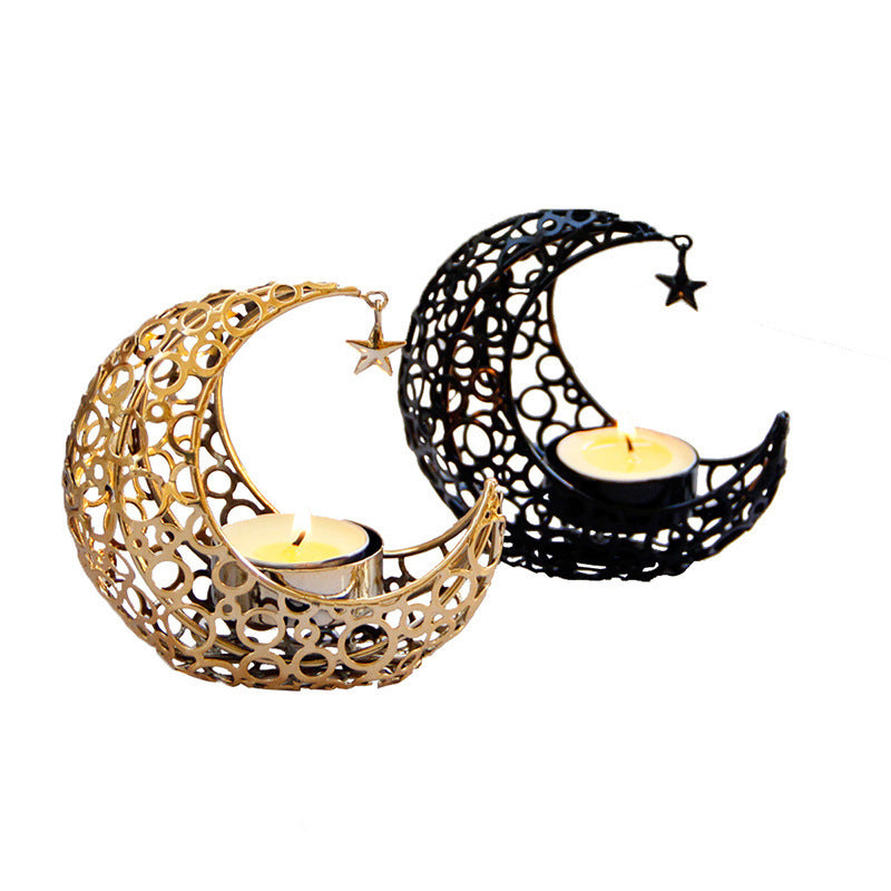 Modern crescent moon candle holder in black and gold metal