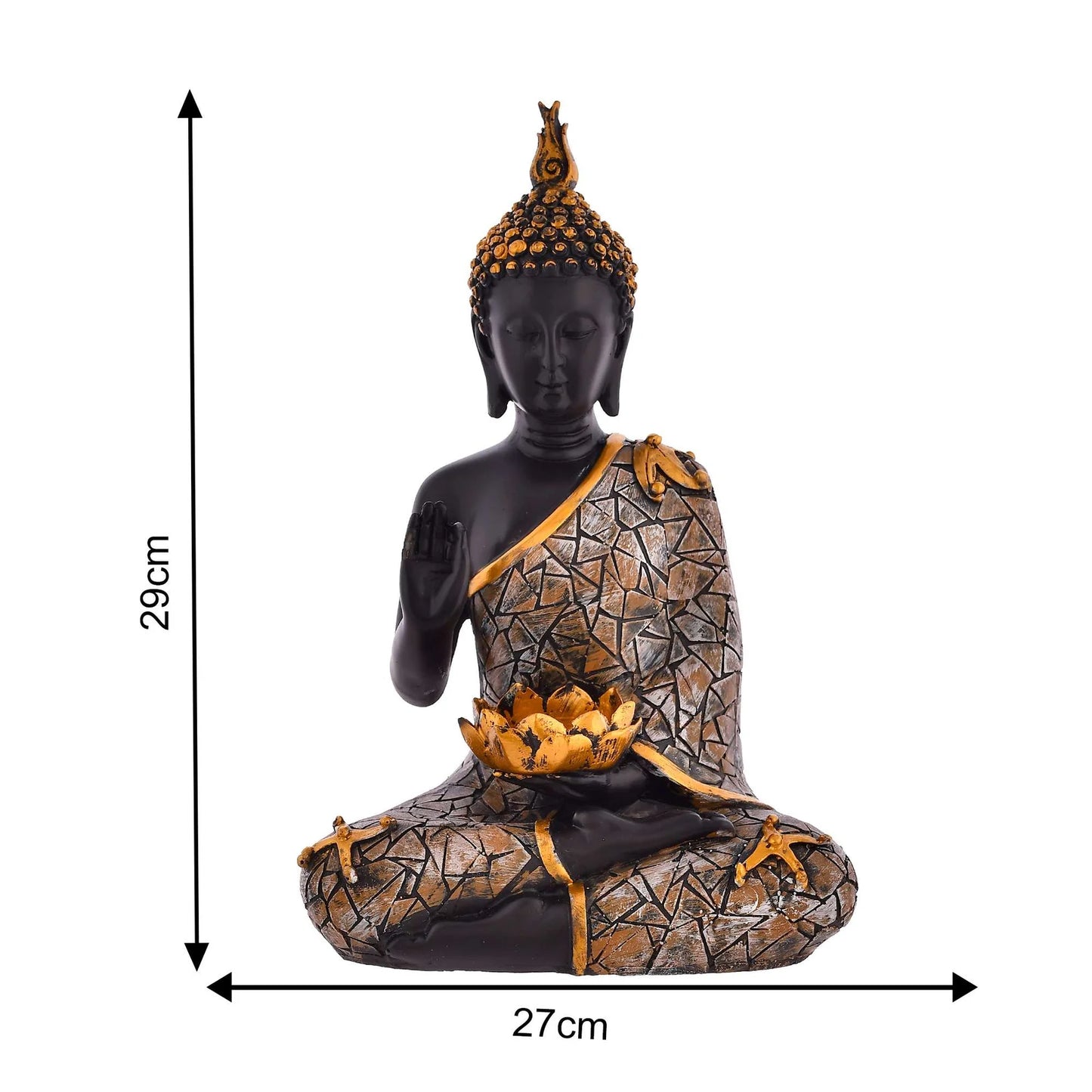 Black and gold resin Buddha statue with mosaic robe and tealight holder in lap