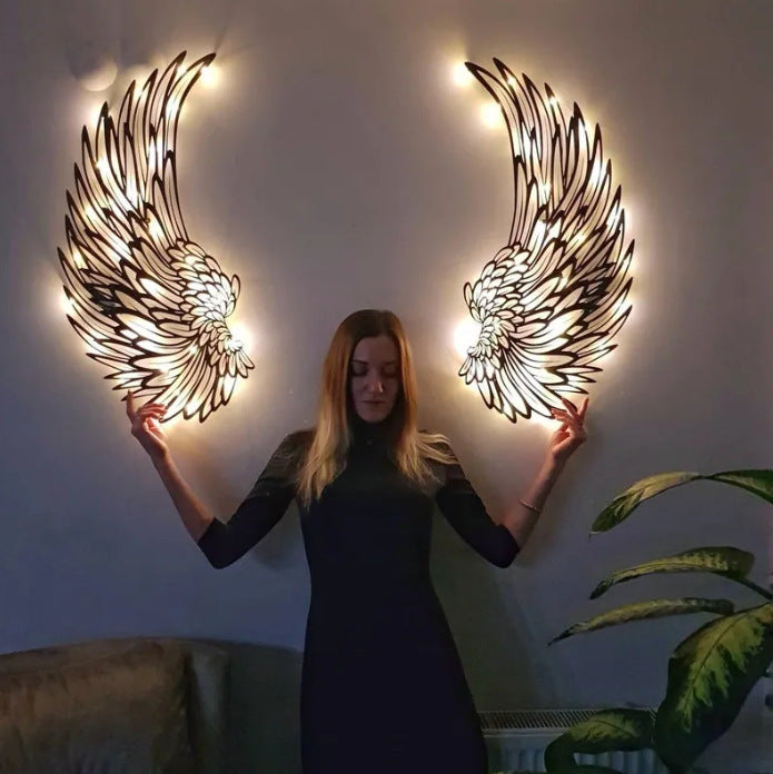 Metal angel wings wall art with light
