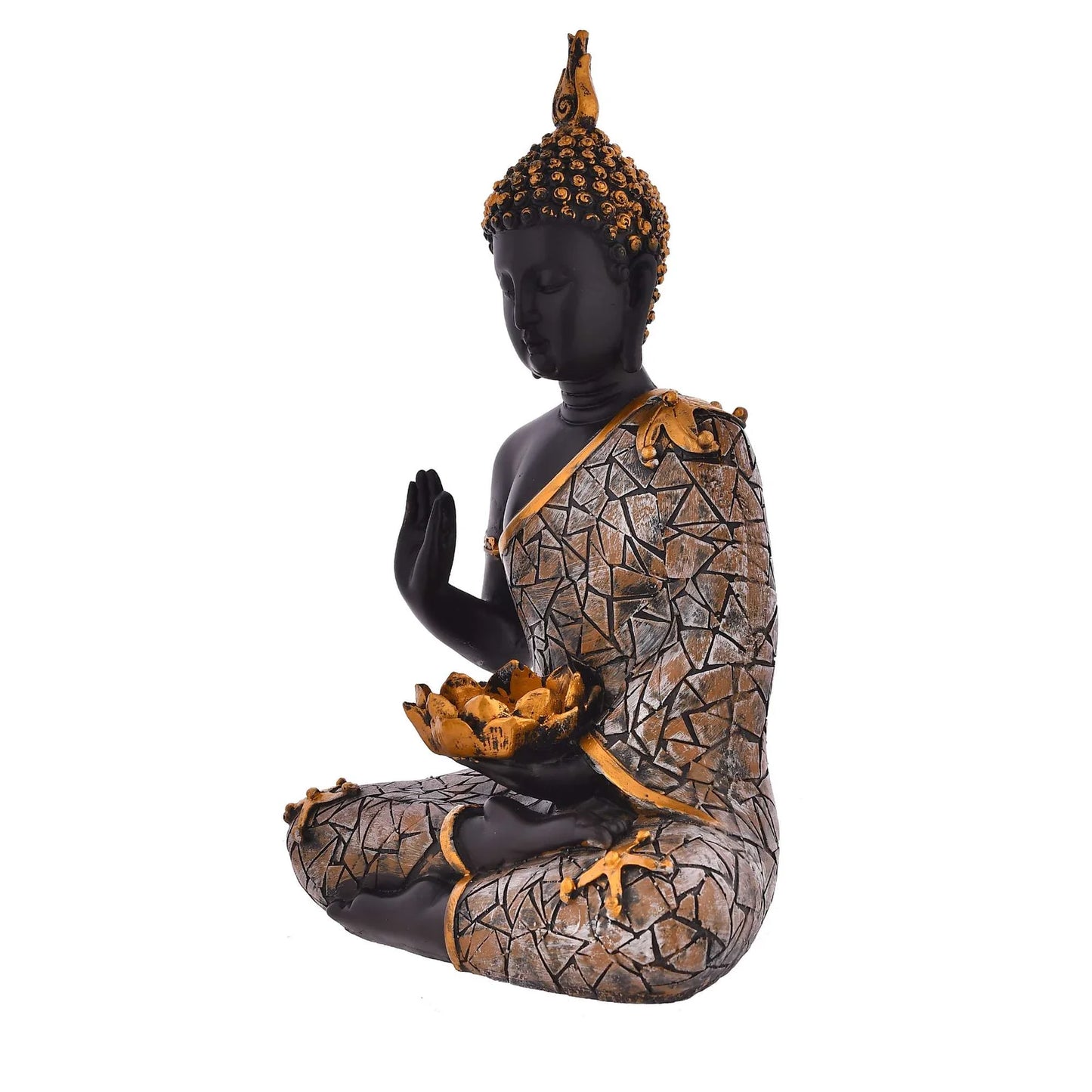 Black and gold resin Buddha statue with mosaic robe and tealight holder in lap