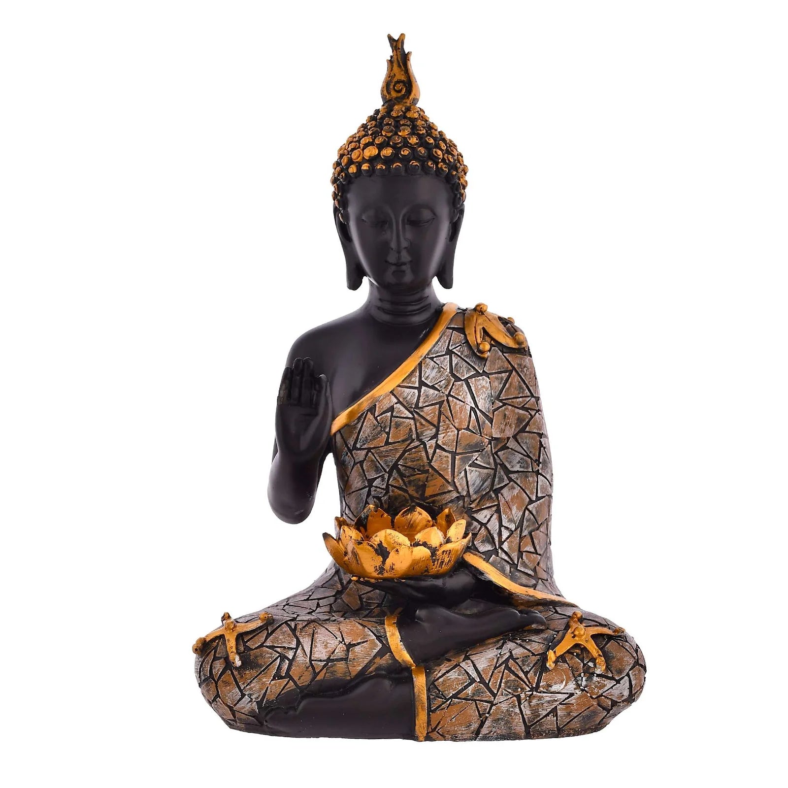 Black and gold resin Buddha statue with mosaic robe and tealight holder in lap