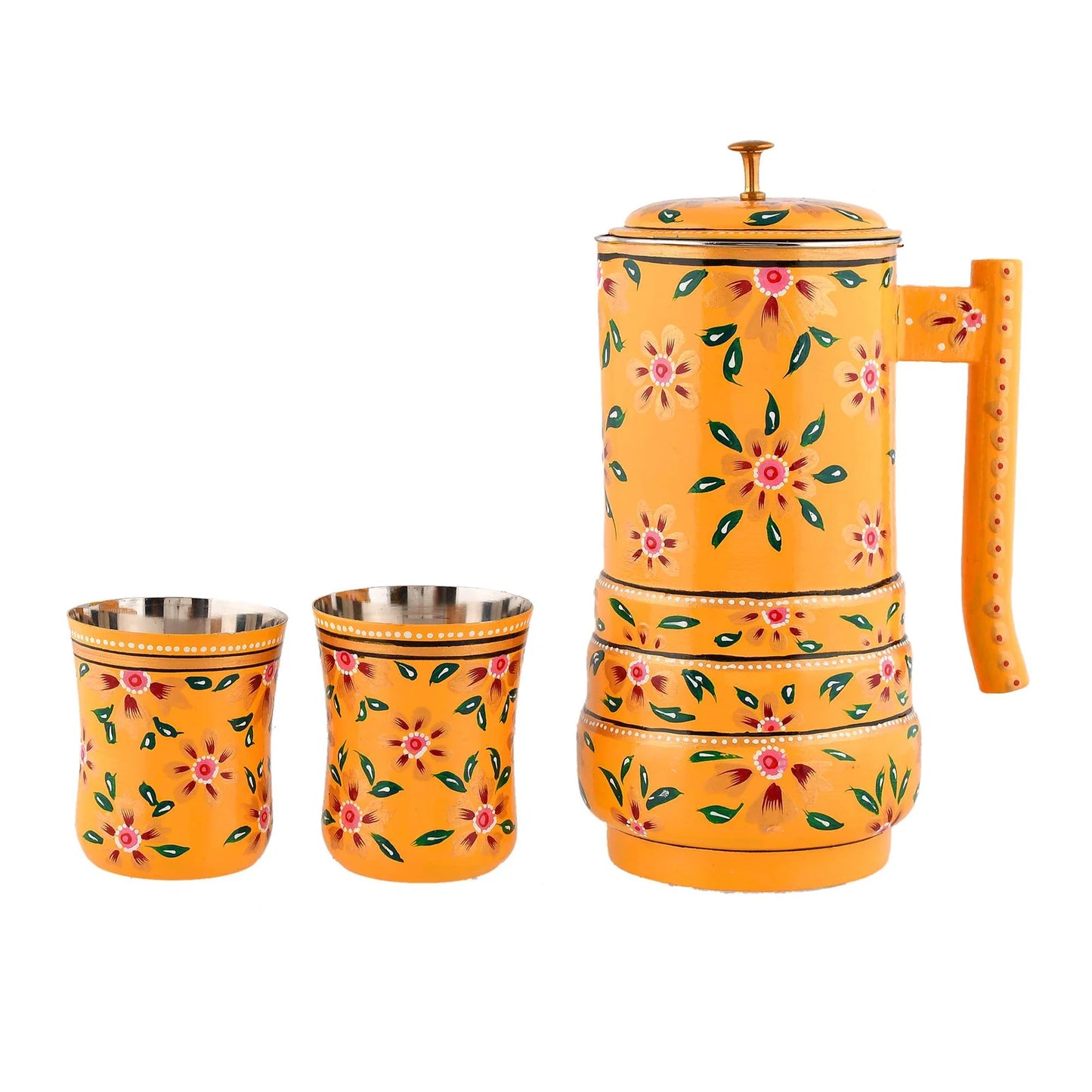 Hand-painted stainless steel water jug with floral design and two matching glasses, traditional Indian style