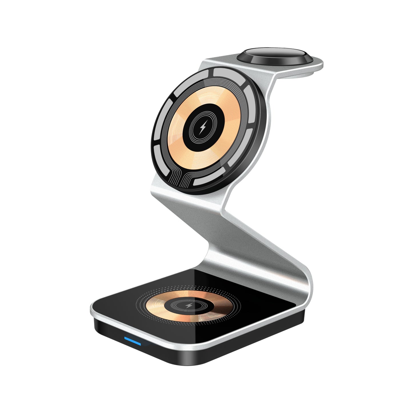 Futuristic wireless charger with gold accents and modern Z-frame design