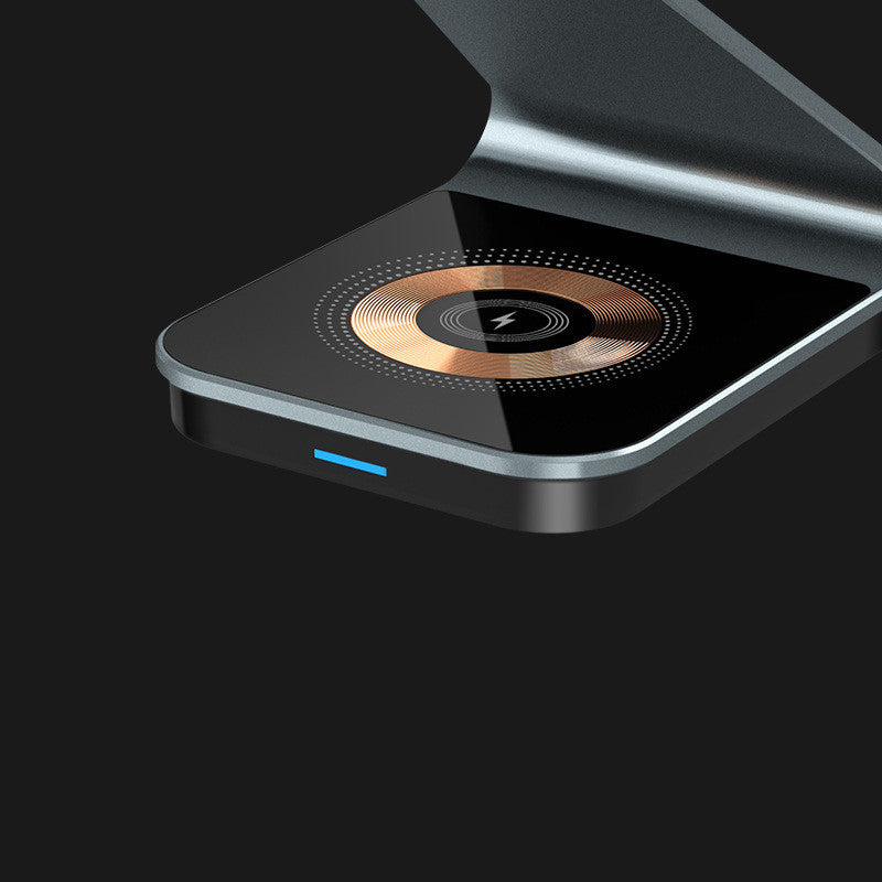 Futuristic wireless charger with gold accents and modern Z-frame design