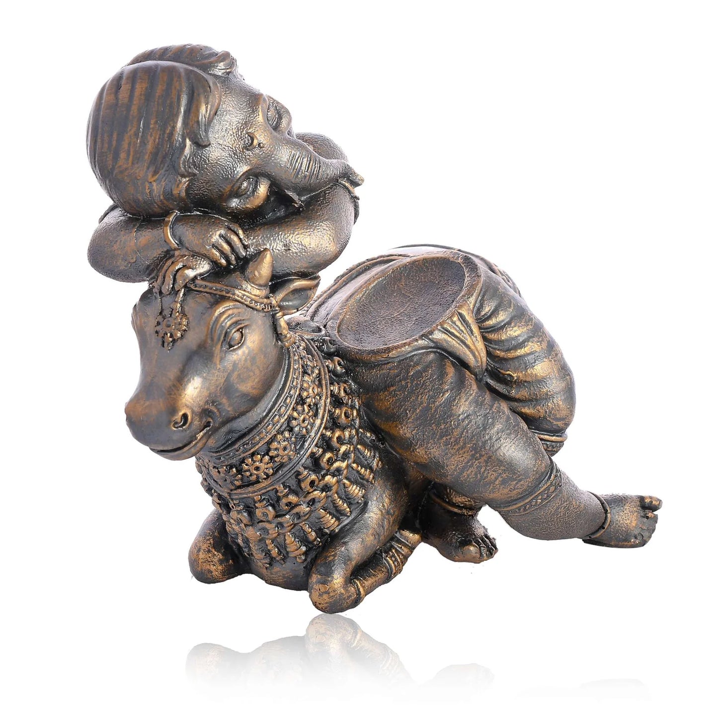 Handcrafted Brass Cow Statue with Ganesha Relief