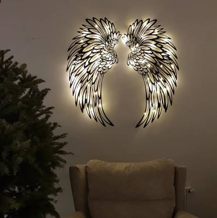 Metal angel wings wall art with light