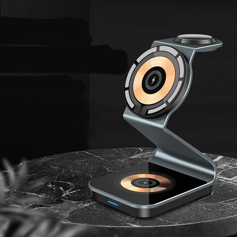 Futuristic wireless charger with gold accents and modern Z-frame design
