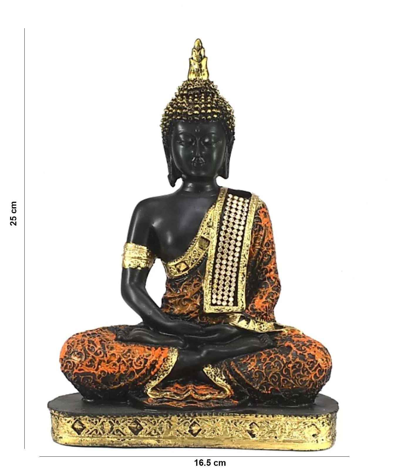 Resin Buddha statue in meditation posture with golden-orange robe and detailed base