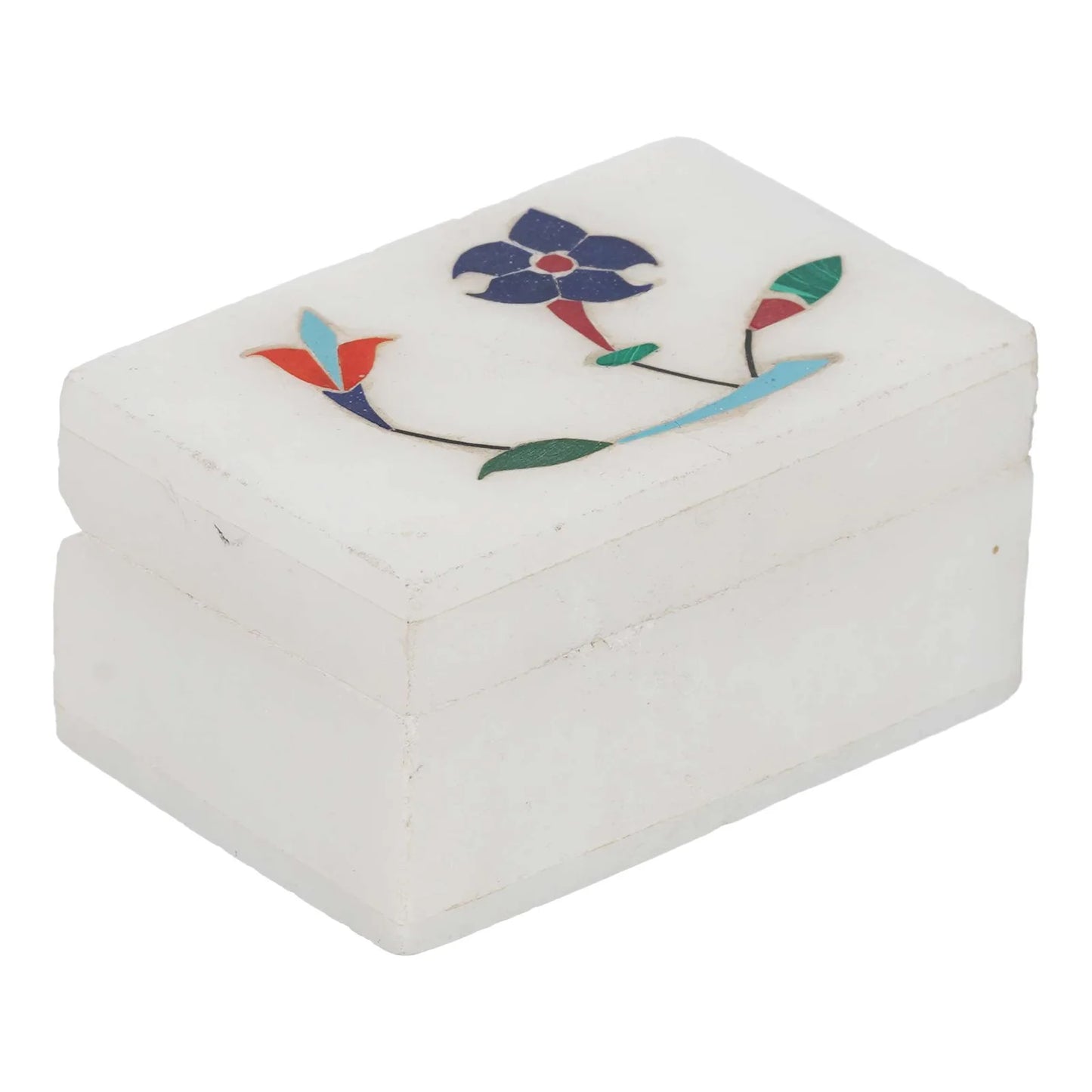 Handcrafted white marble inlay box with floral design held by a woman
