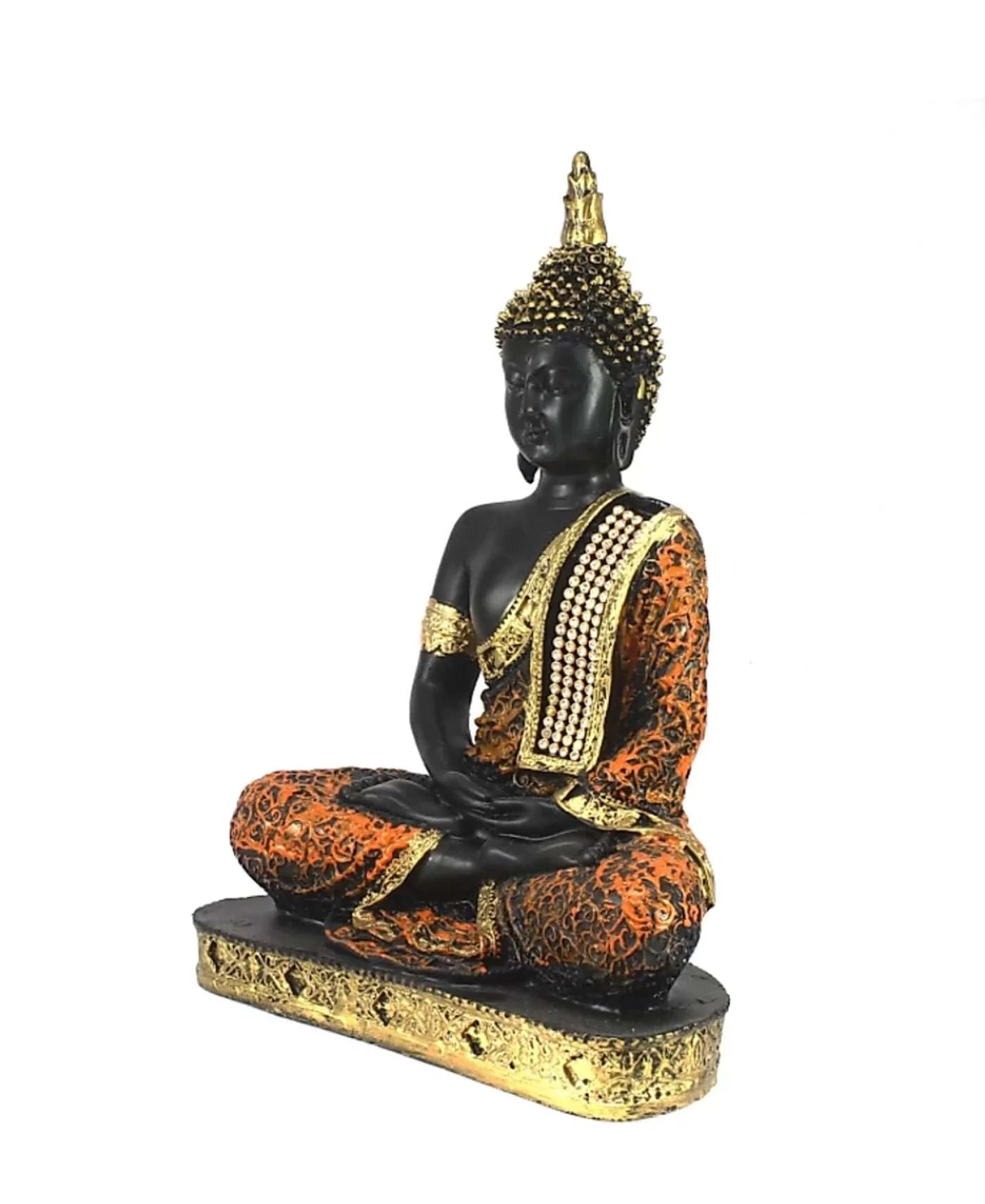 Resin Buddha statue in meditation posture with golden-orange robe and detailed base