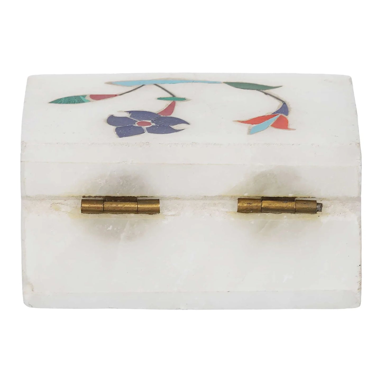 Handcrafted white marble inlay box with floral design held by a woman
