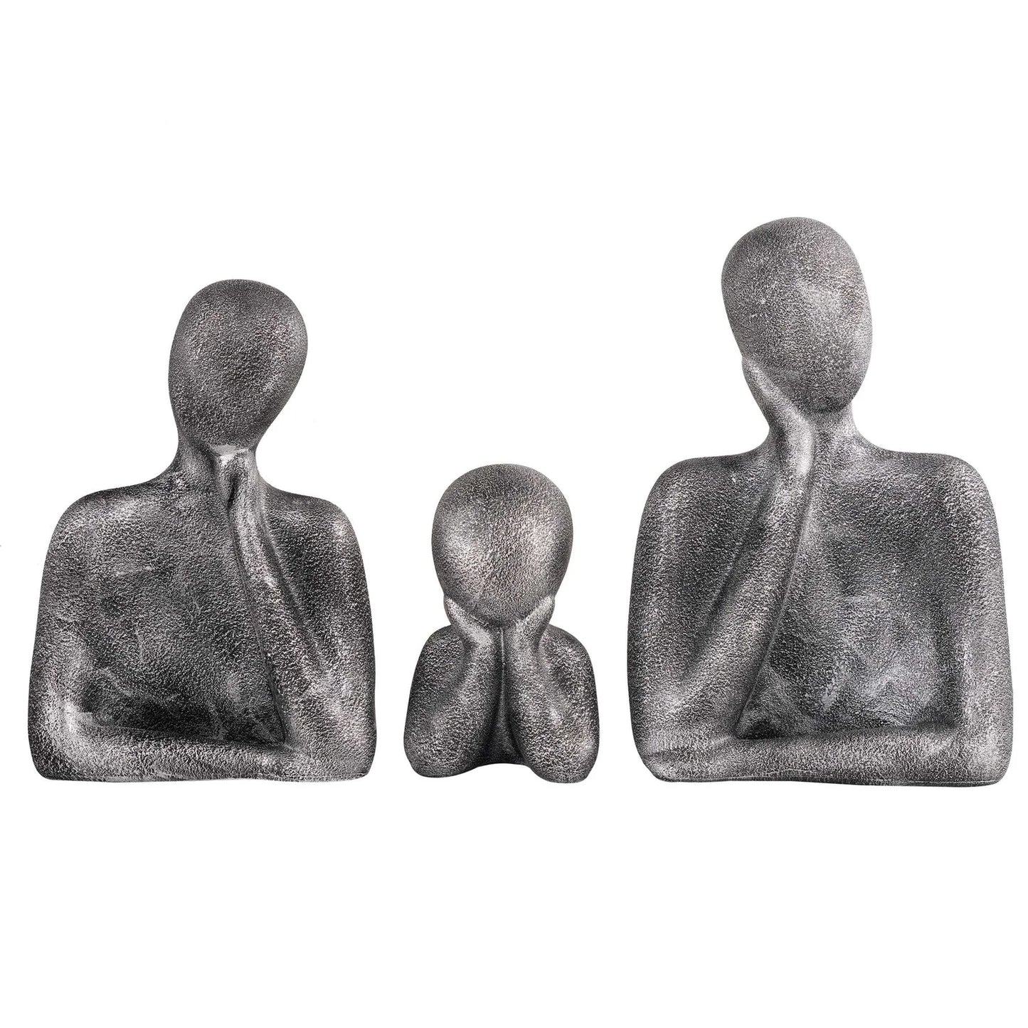 family sculpture set with faceless figures in a thinking pose