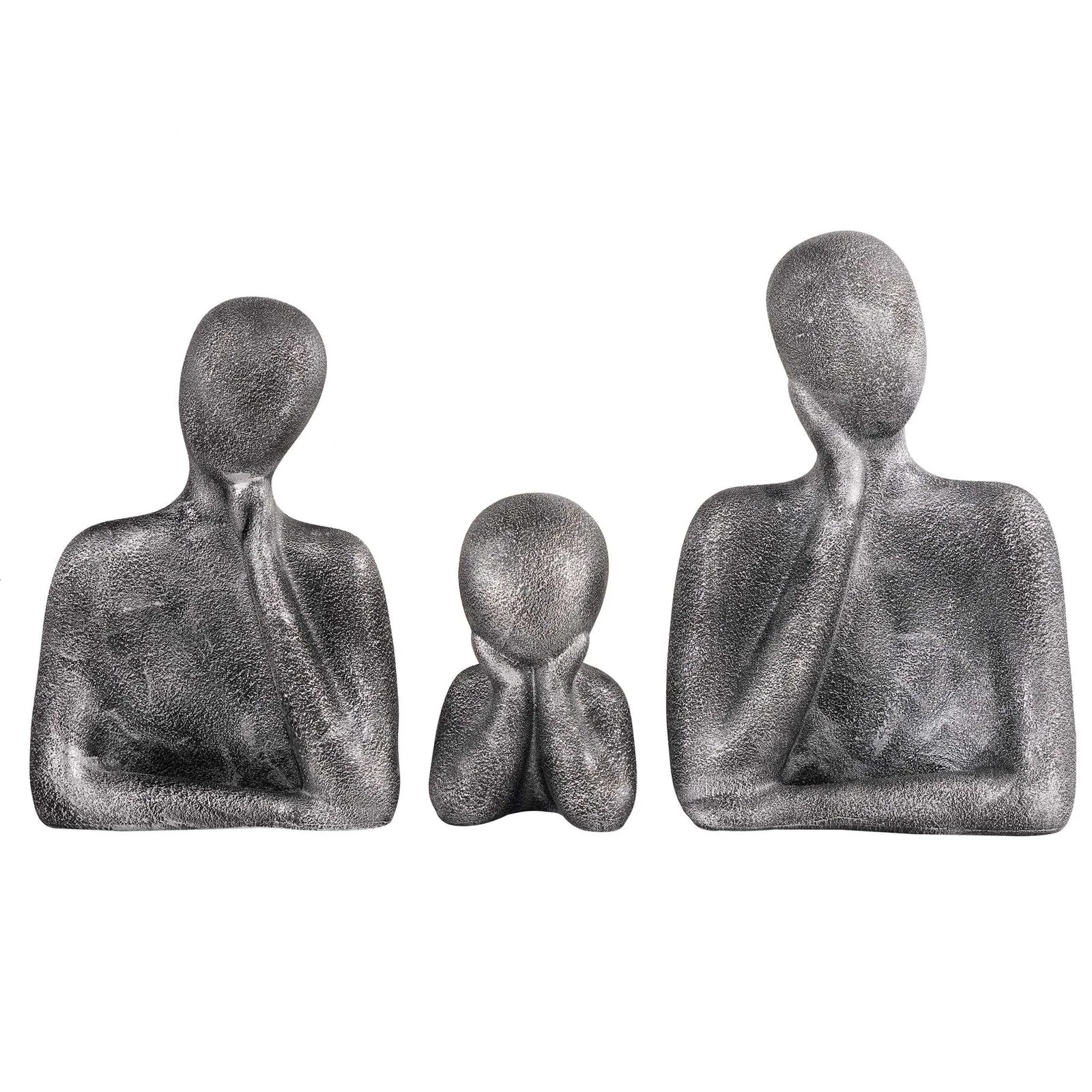 family sculpture set with faceless figures in a thinking pose
