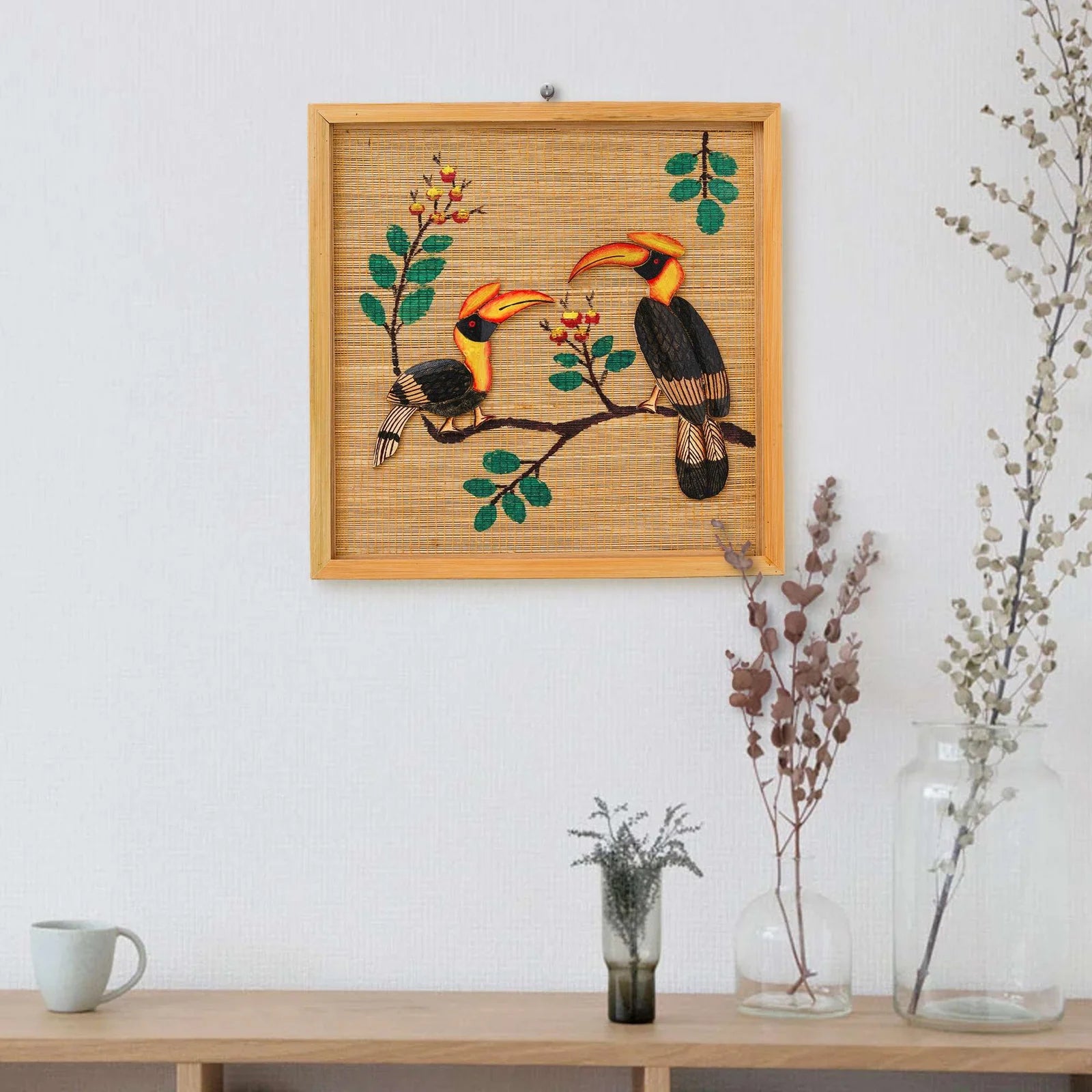 Bamboo Art Couple Hornbill Painting For Home Decor