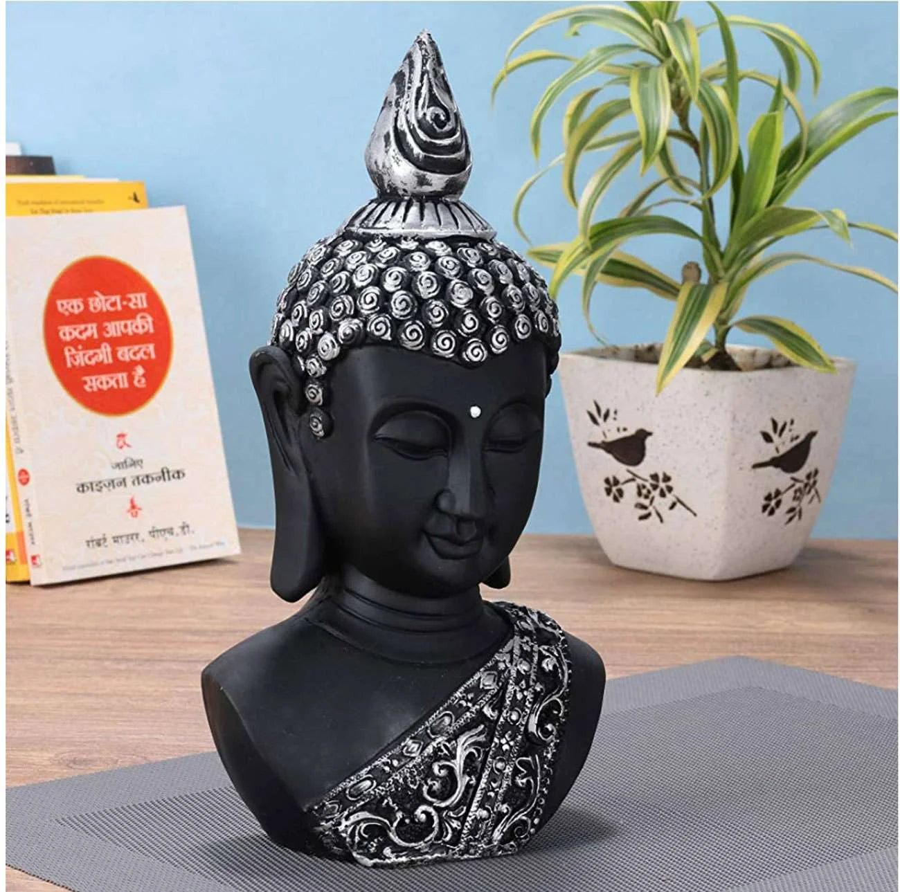 Black and silver Buddha head statue for table or shelf décor