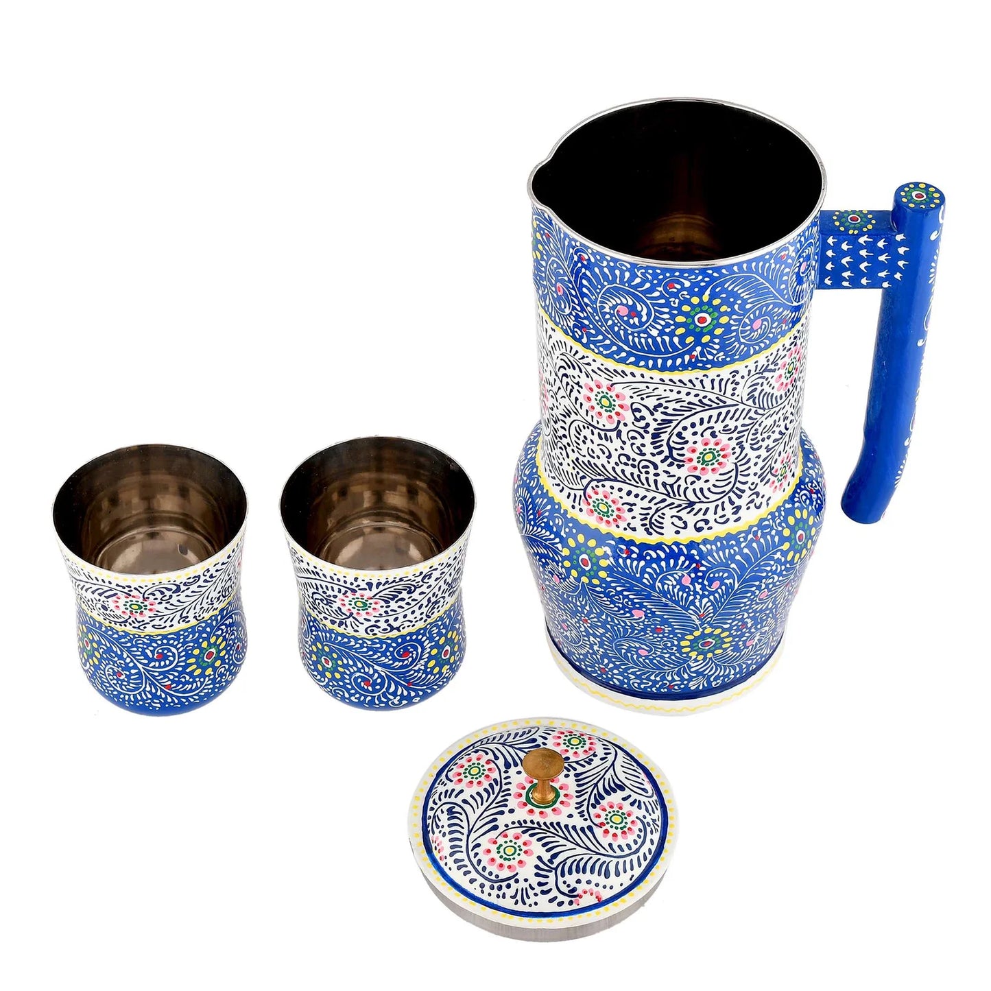 Hand-painted stainless steel water jug with floral design and two matching glasses, traditional Indian style
