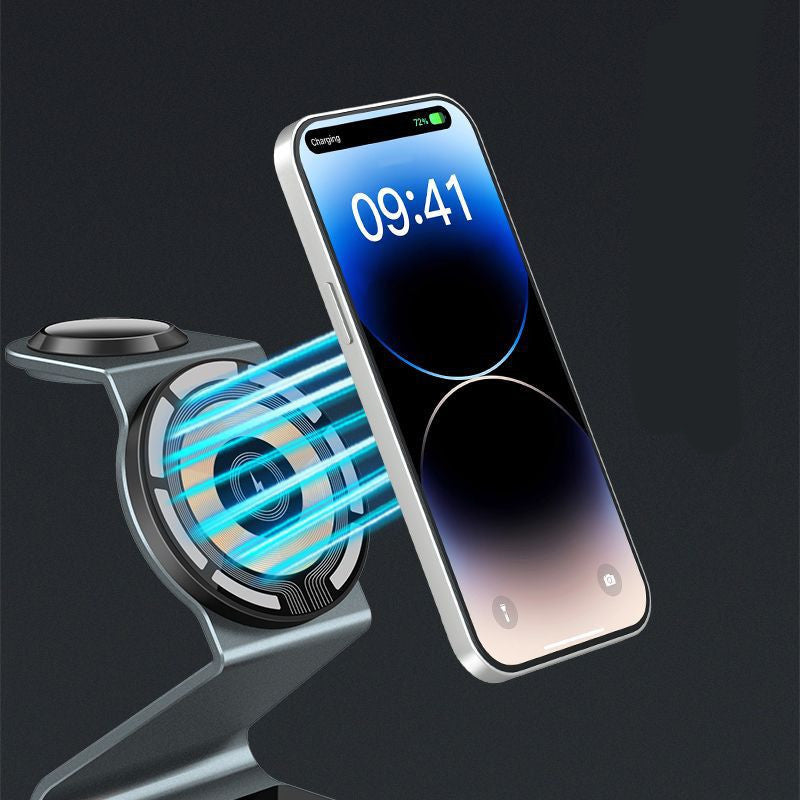 Futuristic wireless charger with gold accents and modern Z-frame design