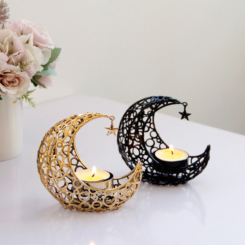 Modern crescent moon candle holder in black and gold metal