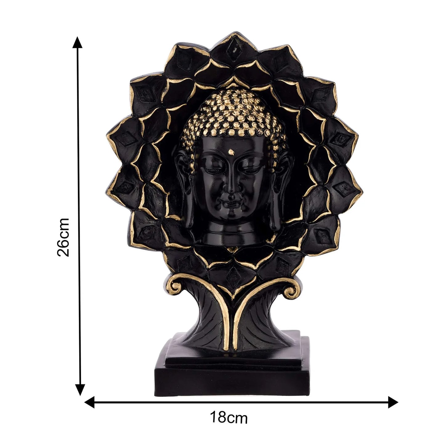 Elegant black and gold Buddha face sculpture with lotus petal frame