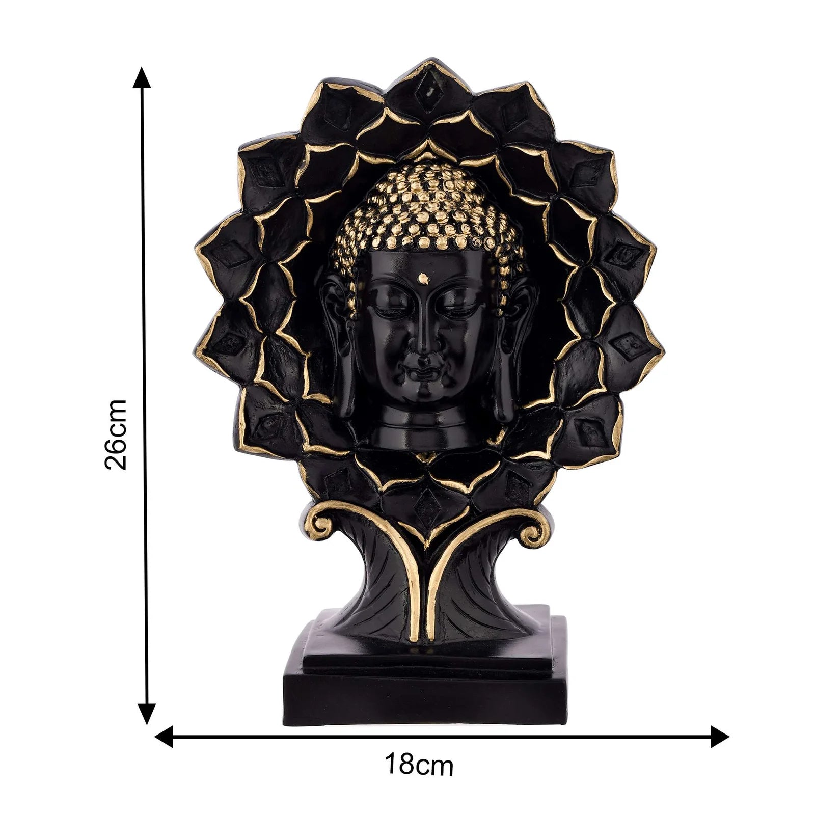 Elegant black and gold Buddha face sculpture with lotus petal frame