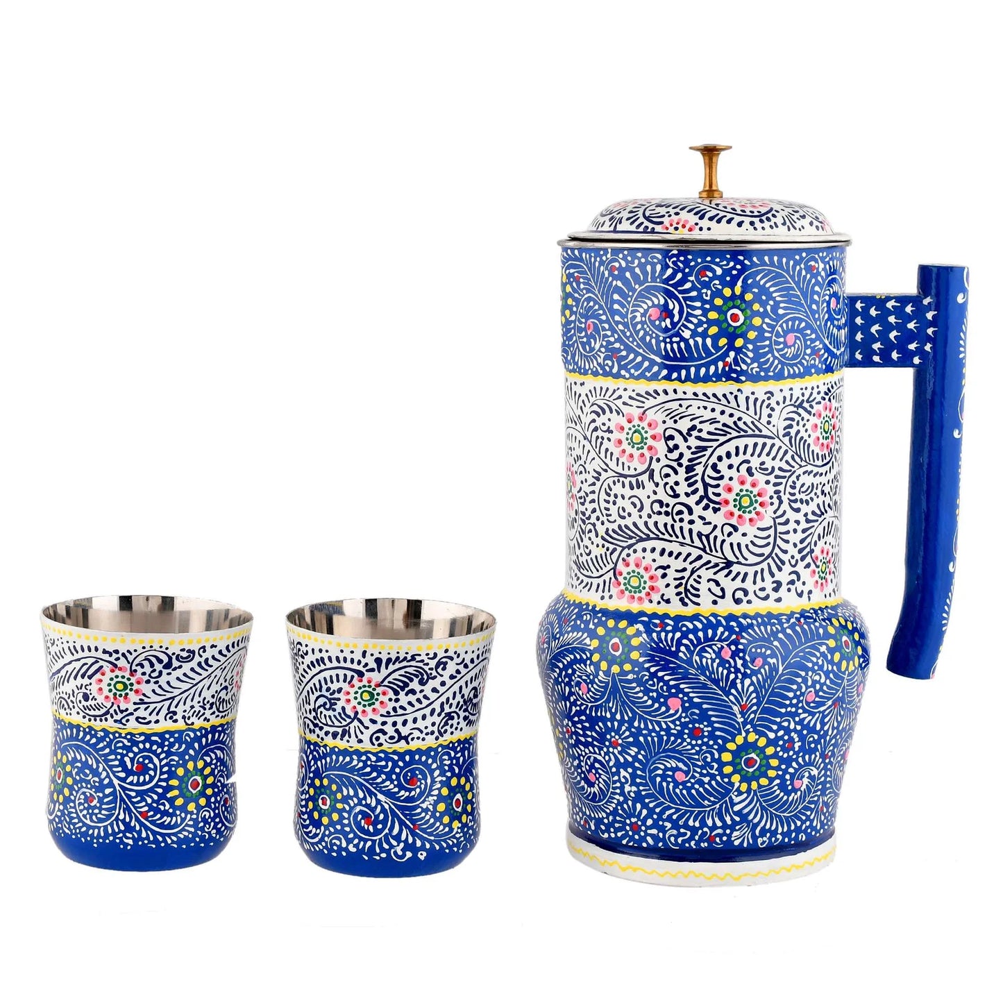 Hand-painted stainless steel water jug with floral design and two matching glasses, traditional Indian style