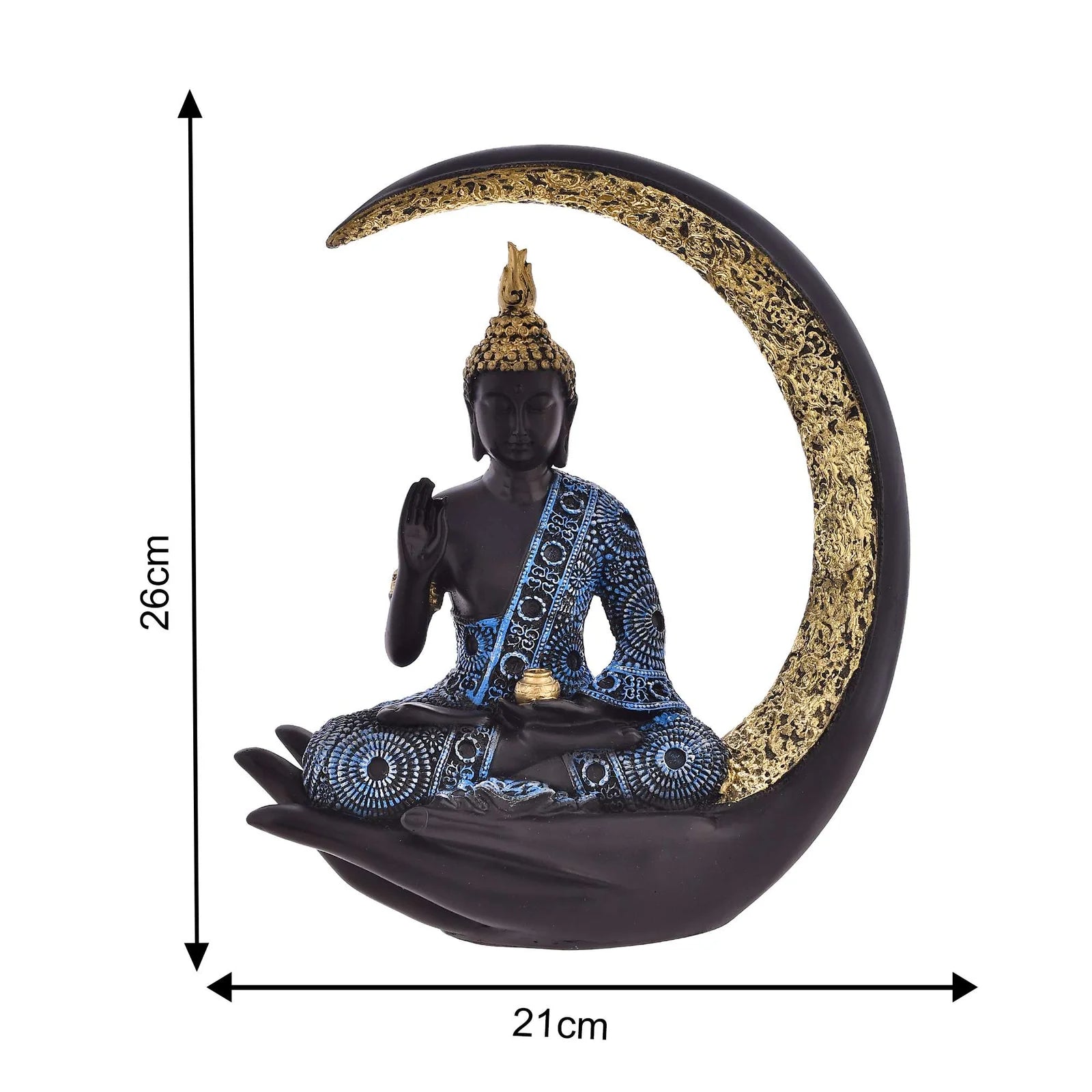 Decorative resin Buddha idol seated in a hand with a crescent moon backdrop