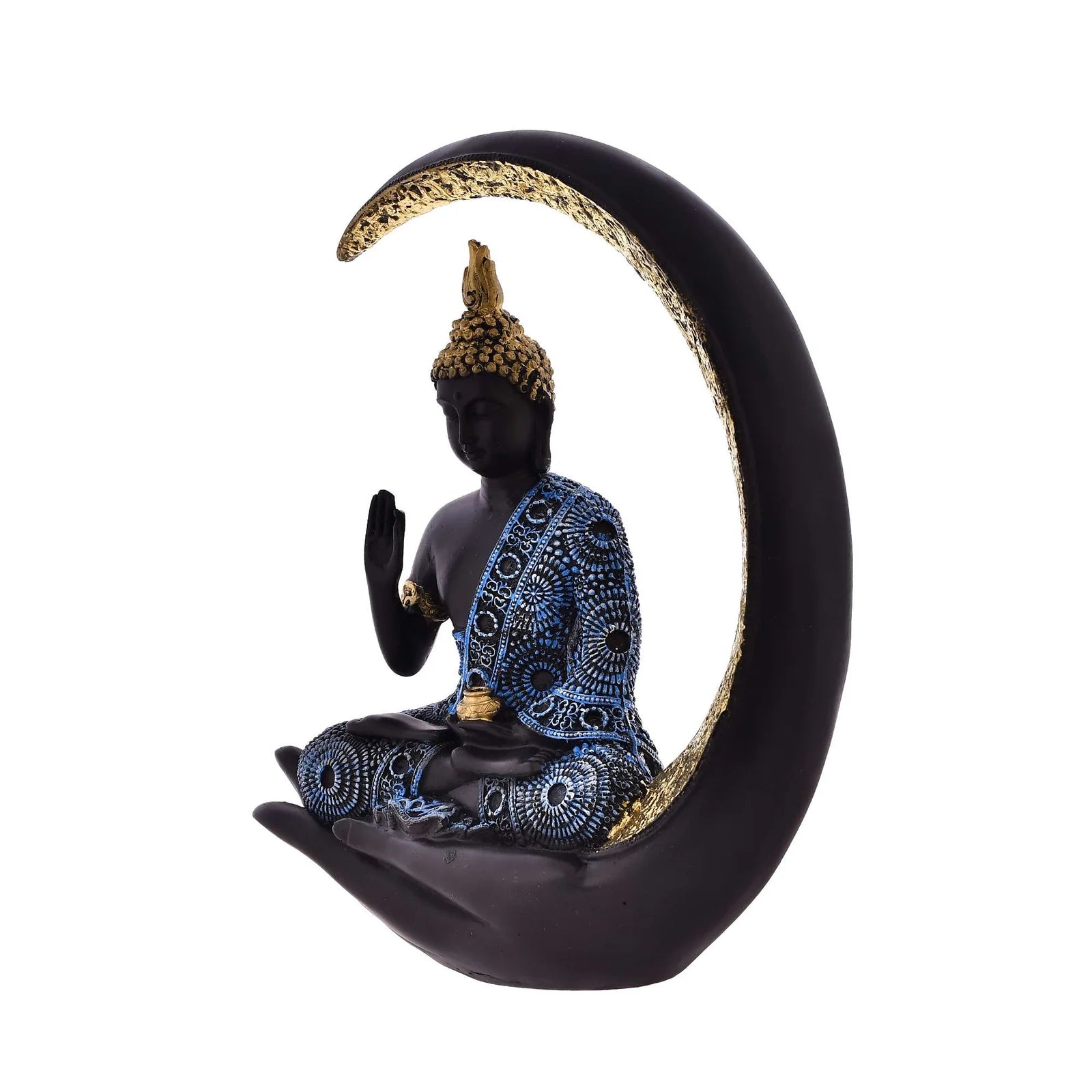 Decorative resin Buddha idol seated in a hand with a crescent moon backdrop
