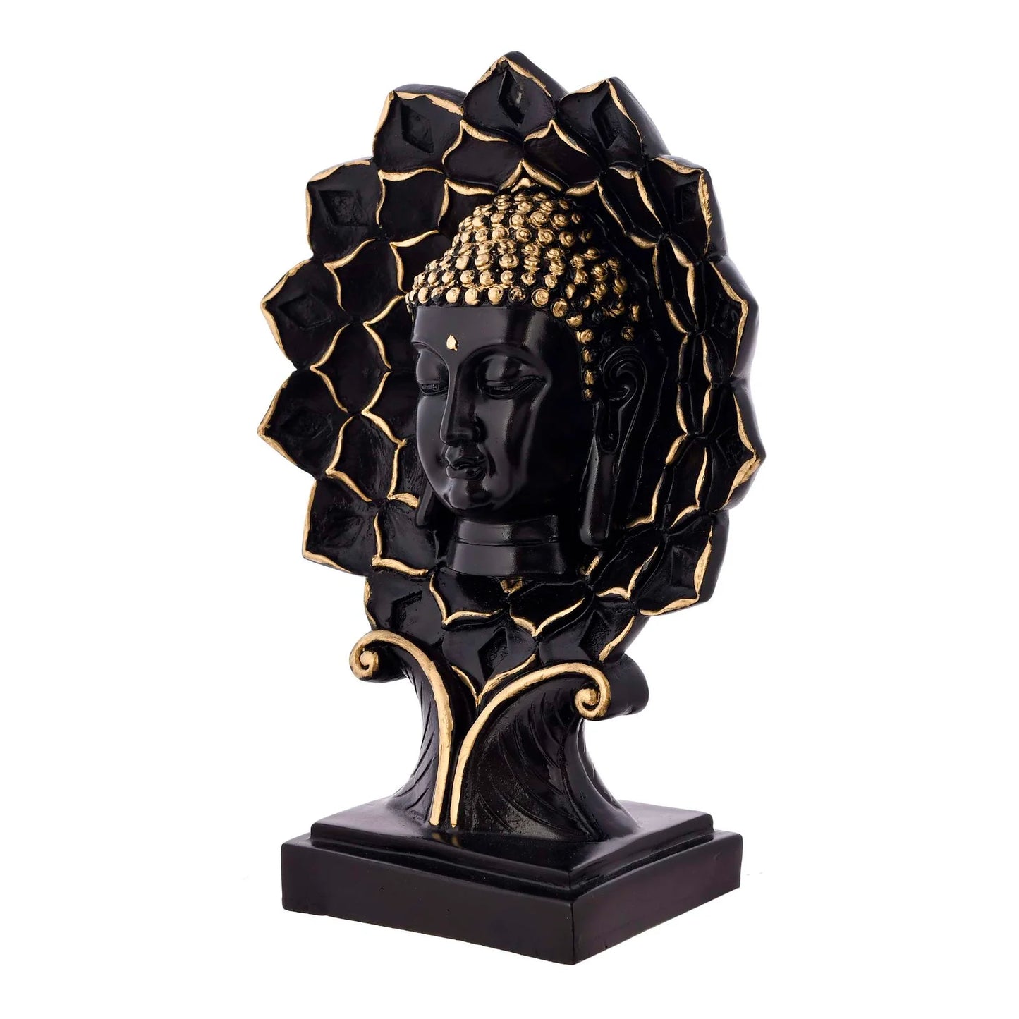 Elegant black and gold Buddha face sculpture with lotus petal frame