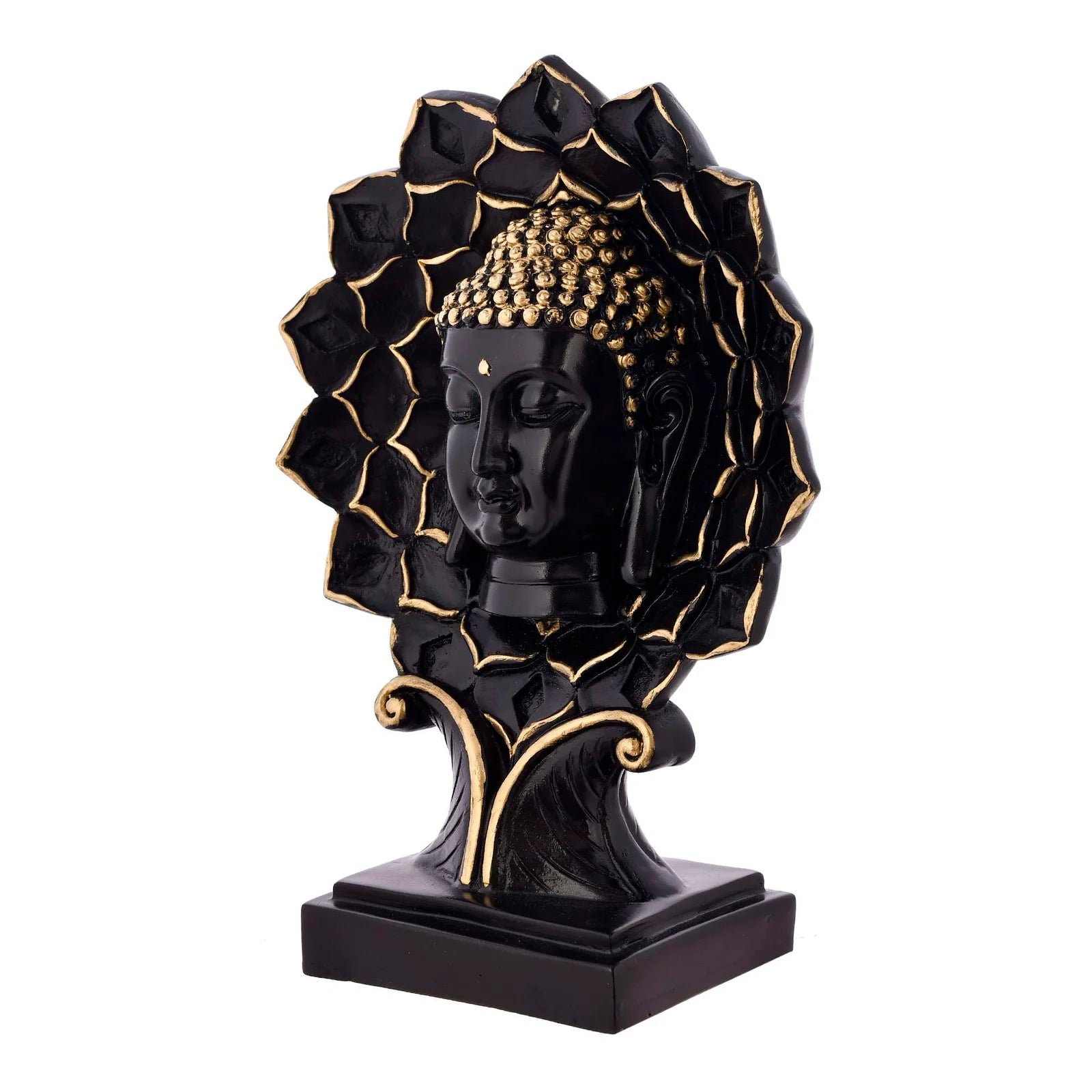 Elegant black and gold Buddha face sculpture with lotus petal frame