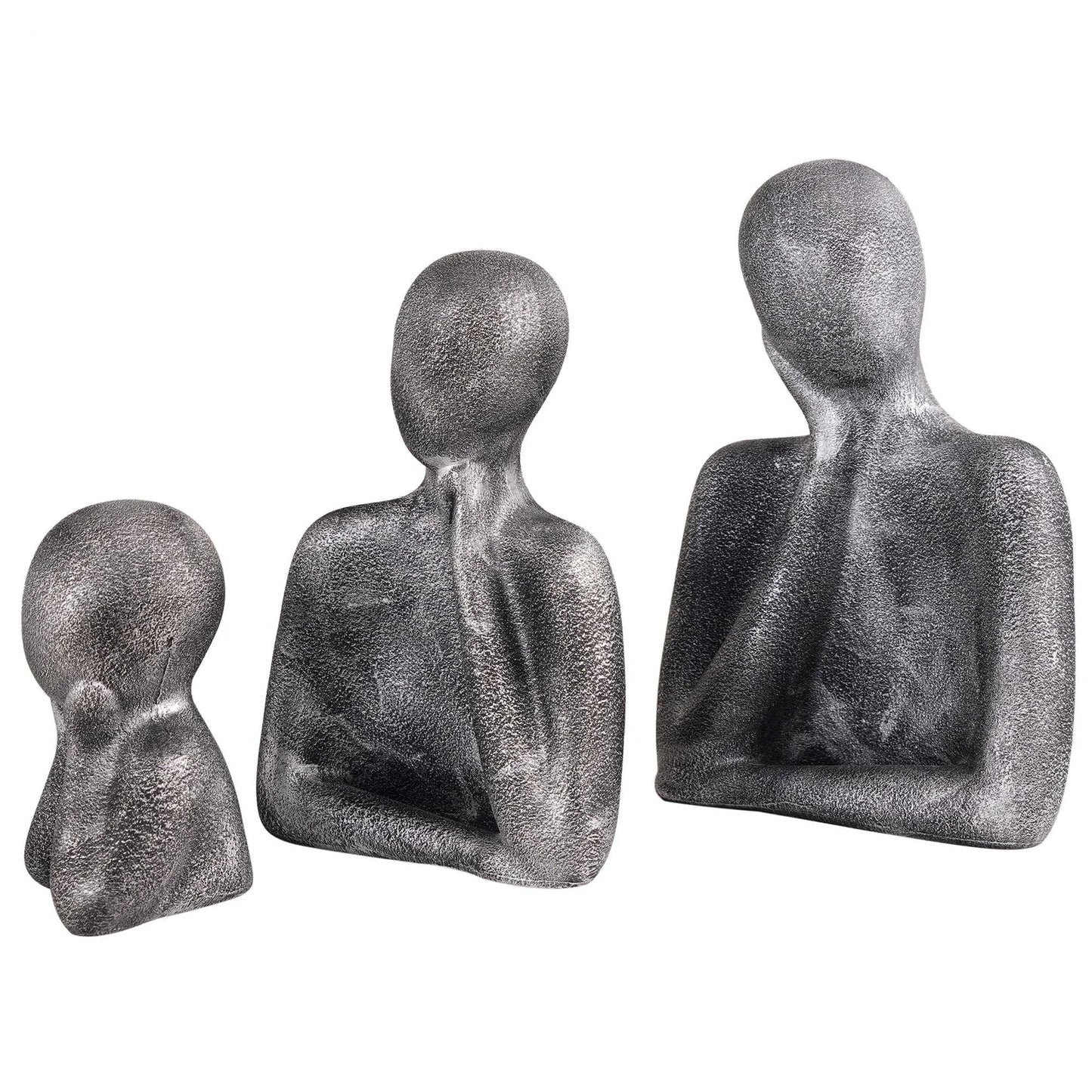 family sculpture set with faceless figures in a thinking pose