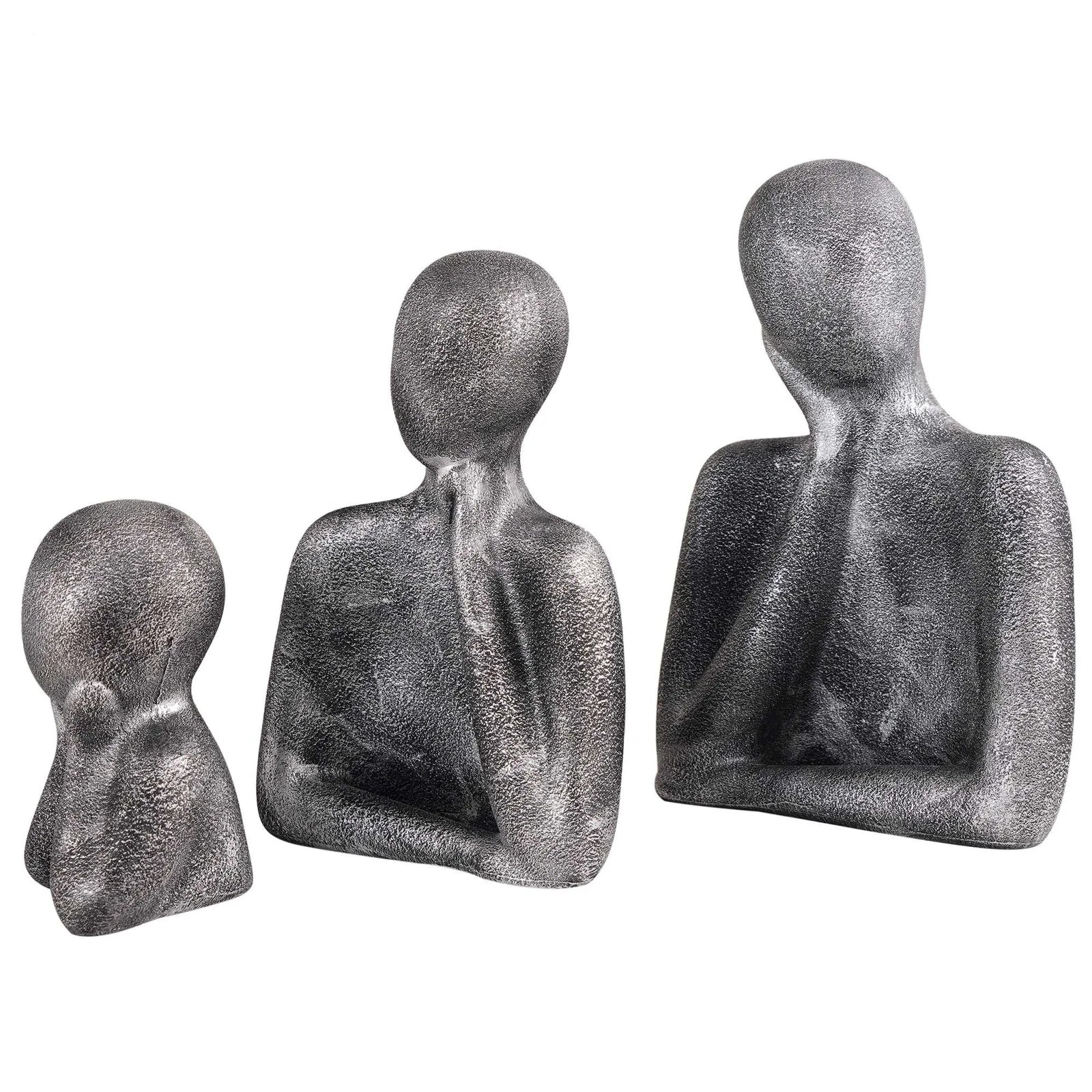 family sculpture set with faceless figures in a thinking pose