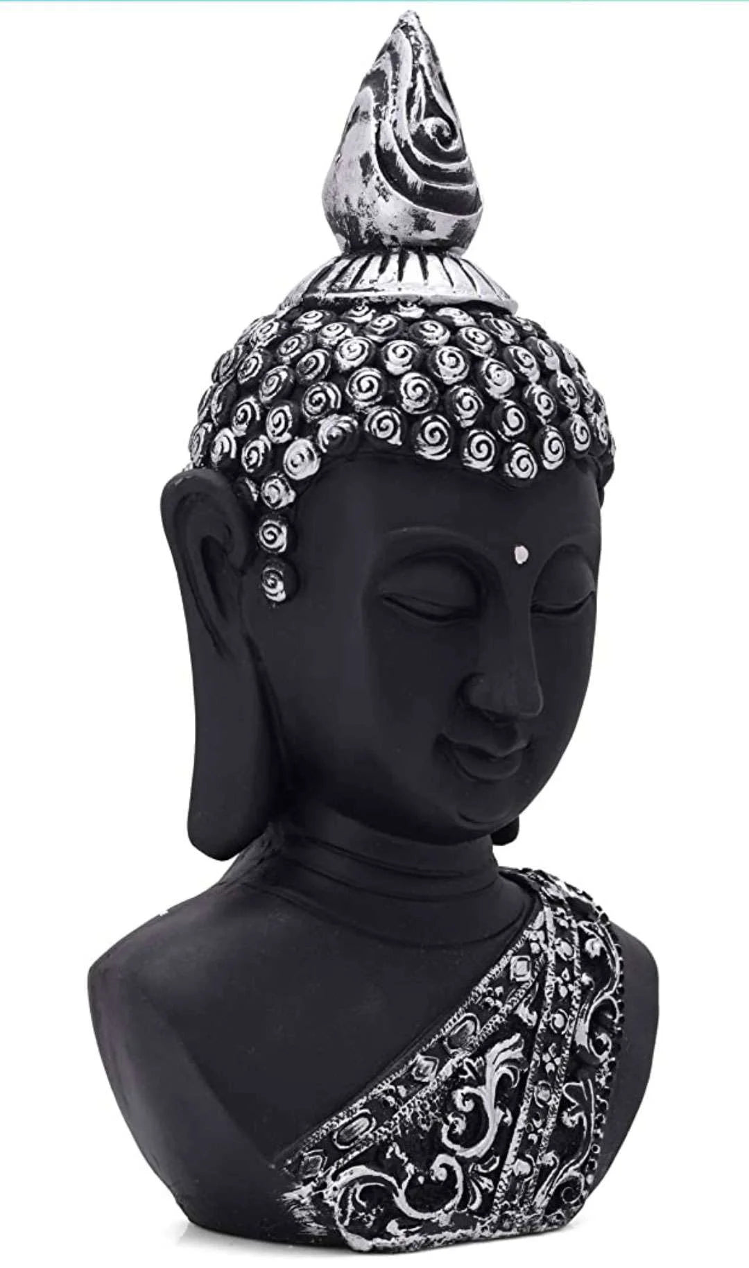 Black and silver Buddha head statue for table or shelf décor