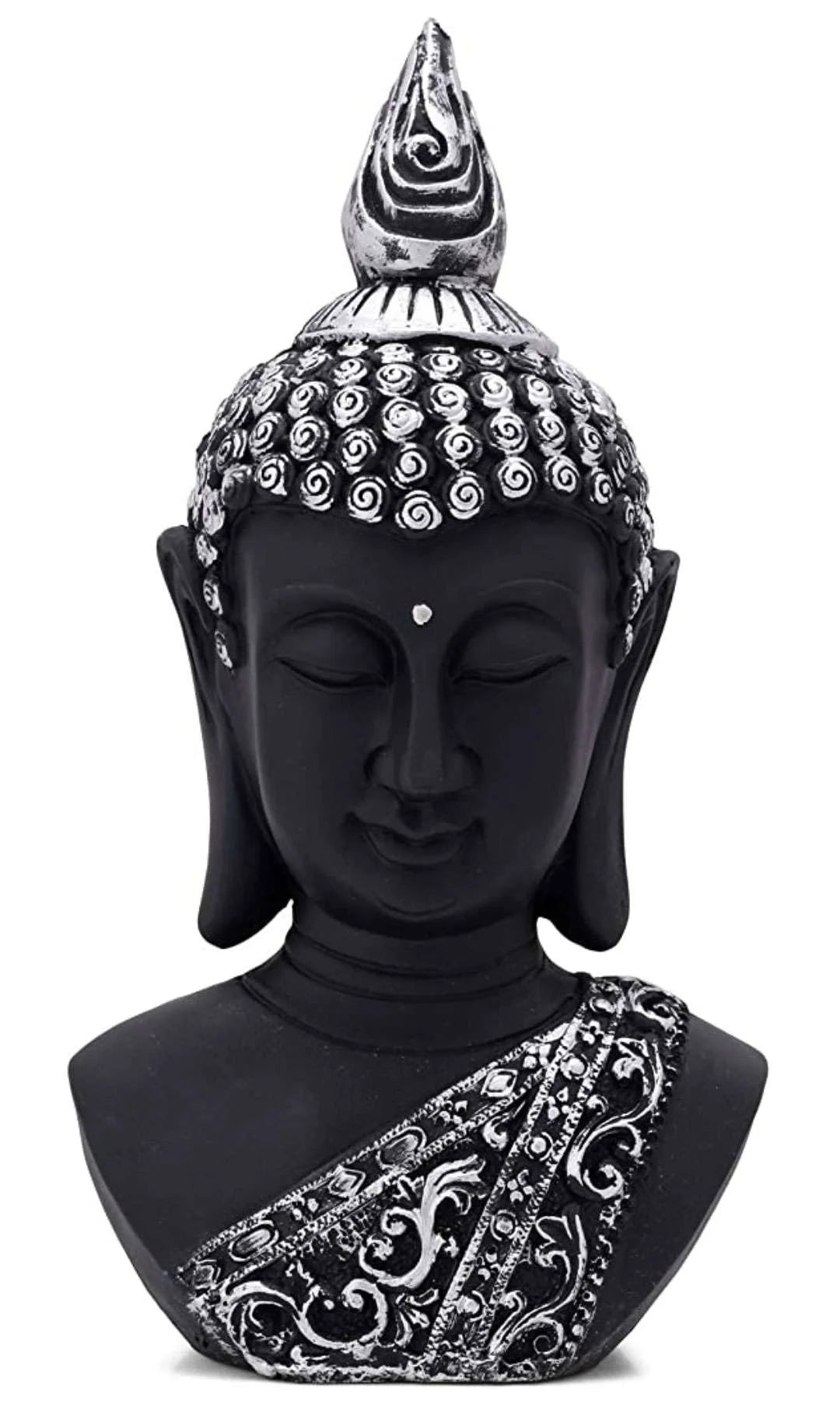 Black and silver Buddha head statue for table or shelf décor