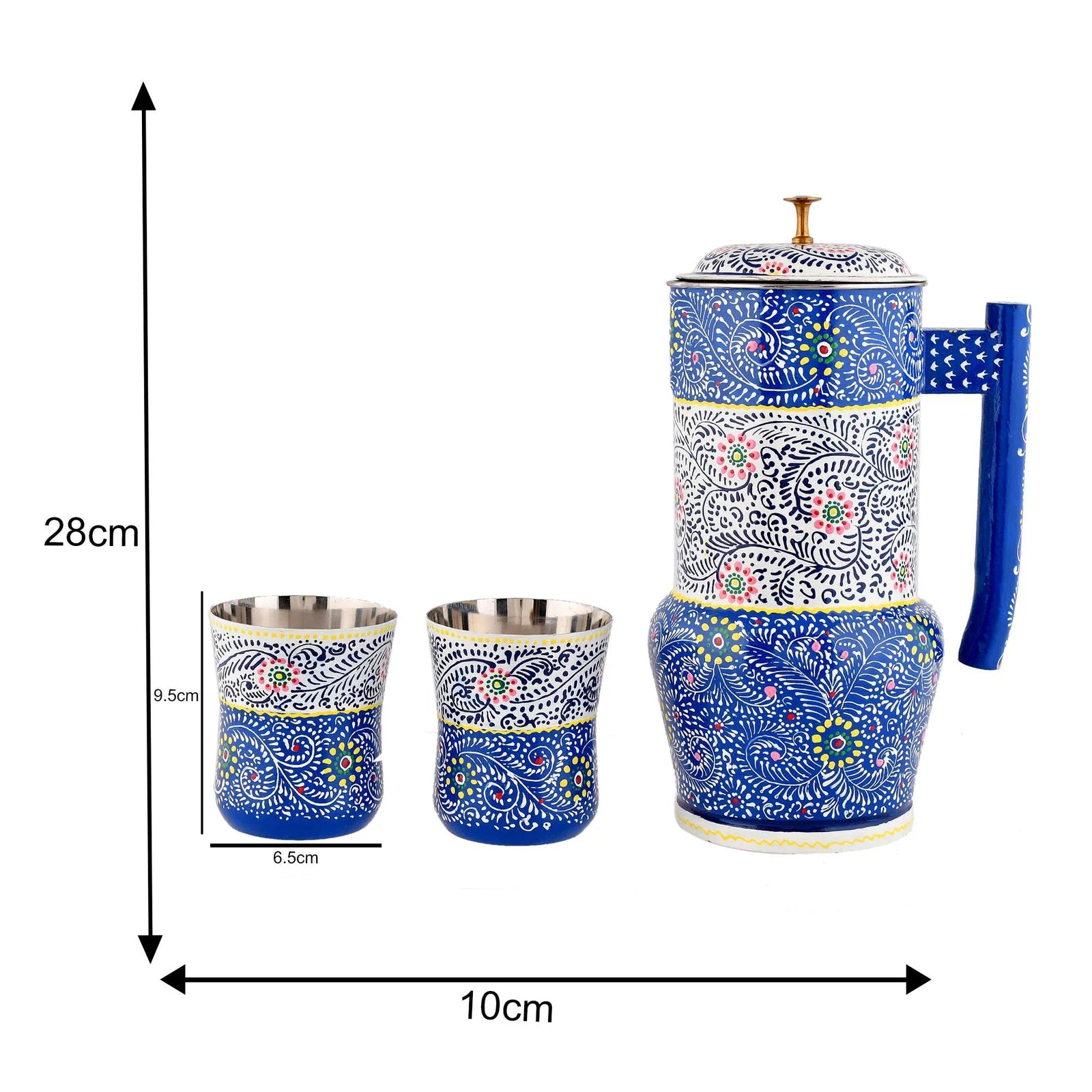 Hand-painted stainless steel water jug with floral design and two matching glasses, traditional Indian style