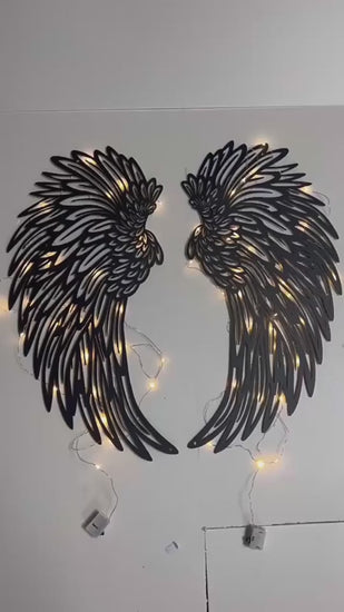 Metal angel wings wall art with light
