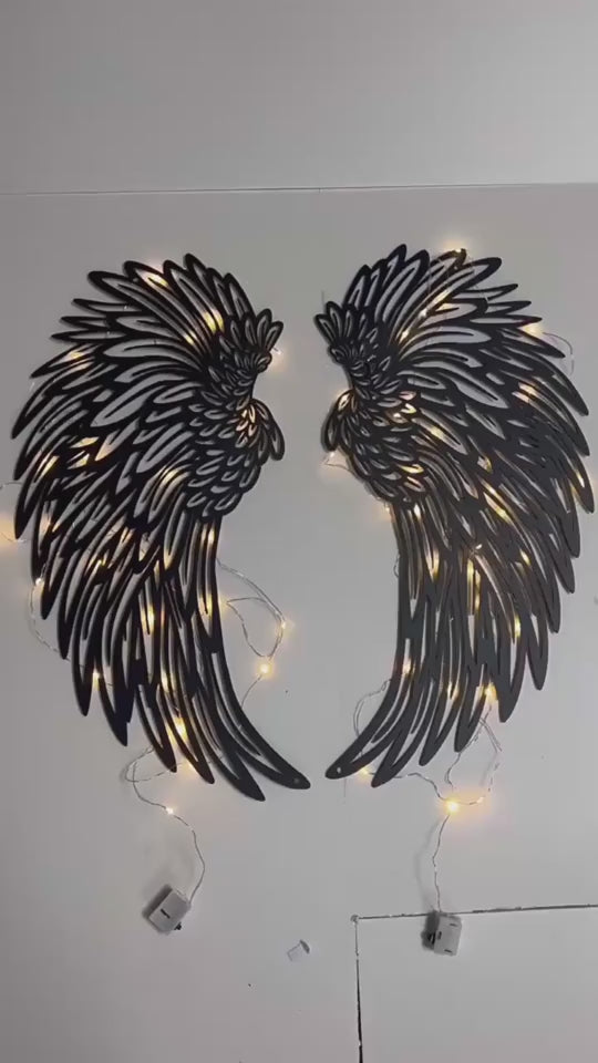 Metal angel wings wall art with light