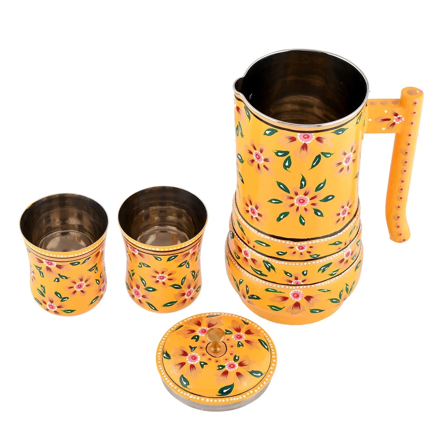 Hand-painted stainless steel water jug with floral design and two matching glasses, traditional Indian style