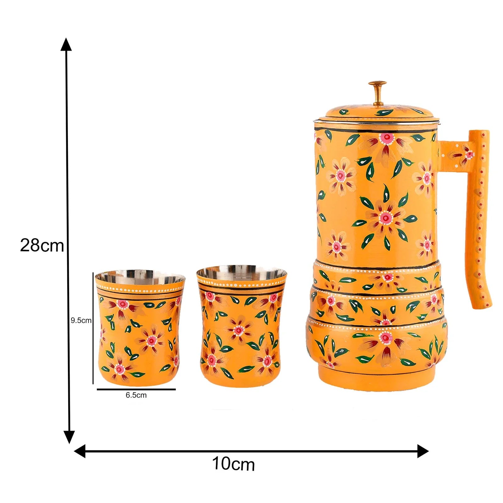 Hand-painted stainless steel water jug with floral design and two matching glasses, traditional Indian style