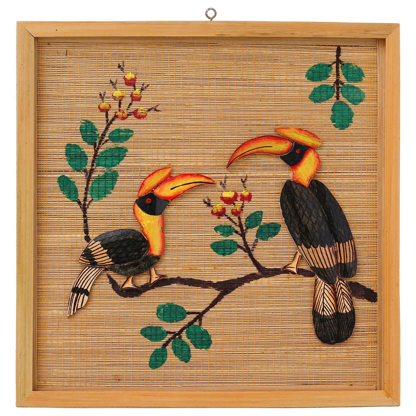 Bamboo Art Couple Hornbill Painting For Home Decor