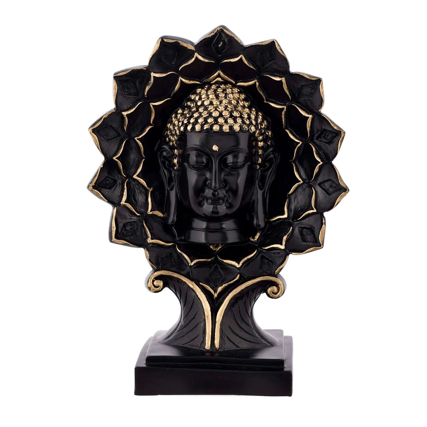 Elegant black and gold Buddha face sculpture with lotus petal frame