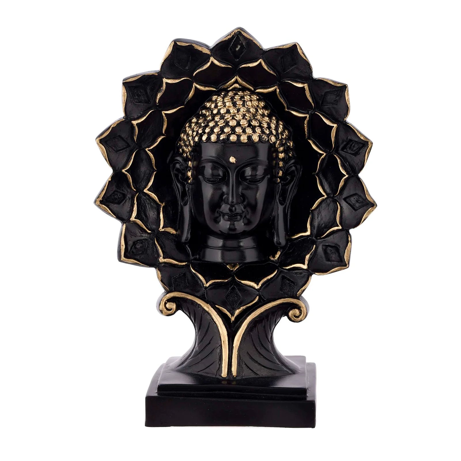 Elegant black and gold Buddha face sculpture with lotus petal frame